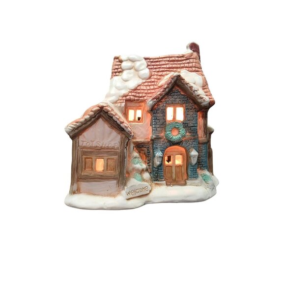 Vintage Porcelain Toy Shop Christmas Village Lighted Display With Snowy Roof & F - Picture 1 of 10